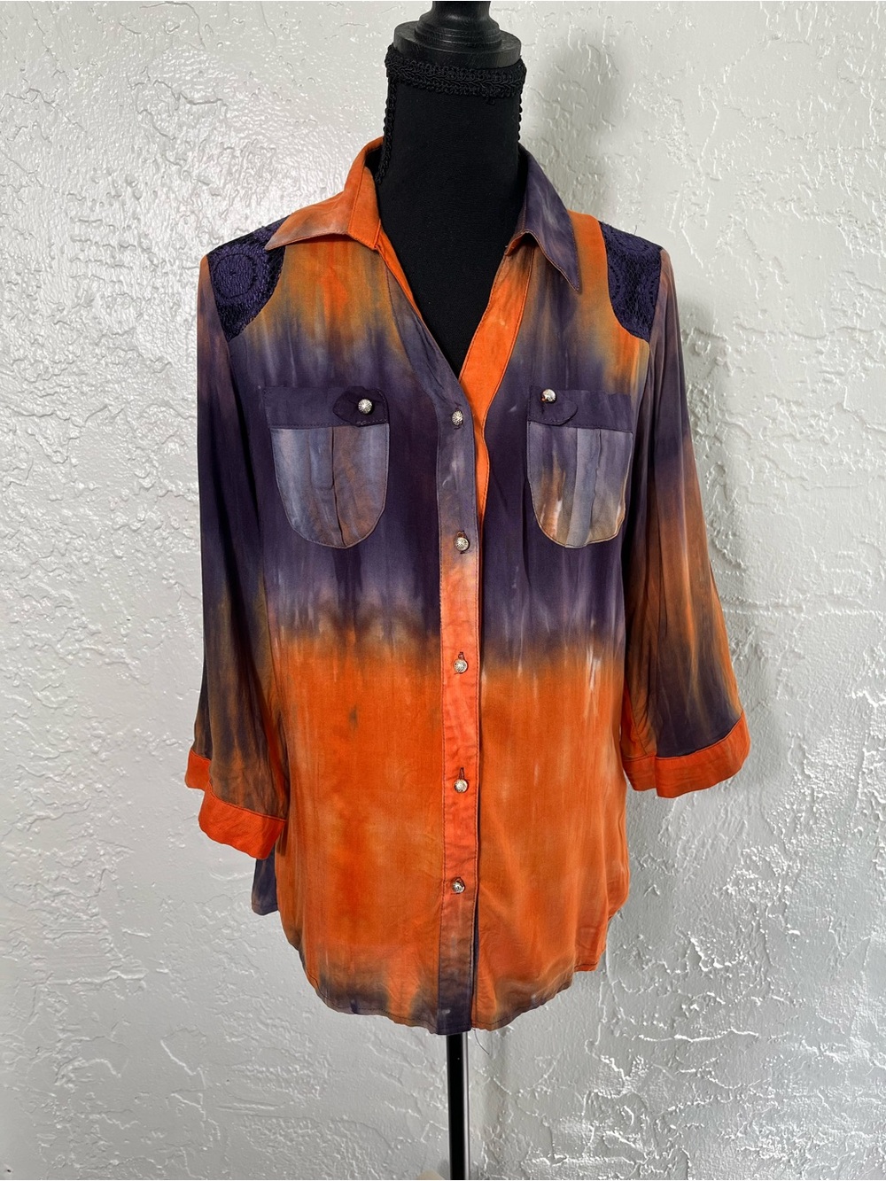 DV DN Tie Dye Lace Back Blouse Size L Boho Fairy‎ Grunge Festival Top